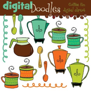 Pode incluir: Uma coleção de cliparts digitais com ilustrações temáticas de café. A imagem inclui cafeteiras, canecas, colheres e grãos de café em várias cores como verde, laranja e castanho. O texto na parte superior diz "digital Doodles" e "Coffee fun digital clipart."