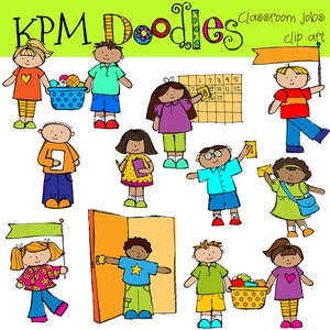 May include: Colorful clip art featuring children in various classroom job roles. The image includes children holding items like a calendar, mail, and a basket. Text at the top reads "KPM Doodles Classroom Jobs clip art."