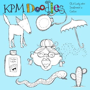 KPM Old Lady who swallowed a Cactus Digital Clipart Black and White