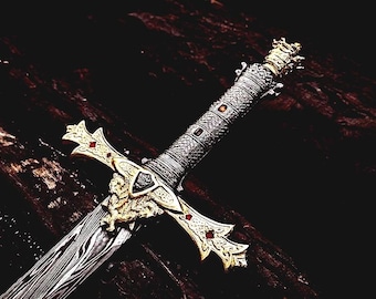 Espada de acero de Damasco forjada a mano, espada medieval de colección, vaina de cuero, regalo para él.