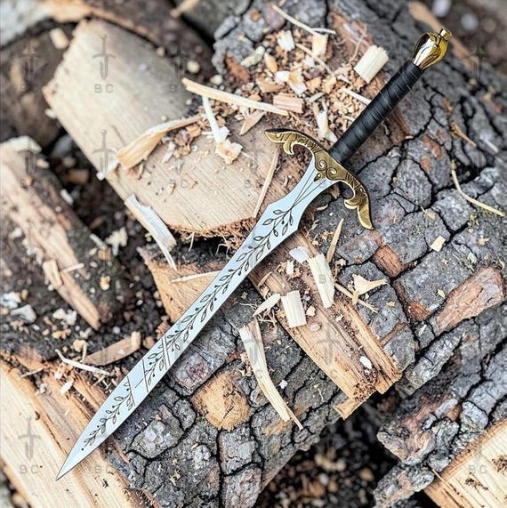 Hand-Forged Elven Sword, Vine Engraved Blade Brass Hilt, Fantasy Collector Sword with Leather Sheath, Gift for Him