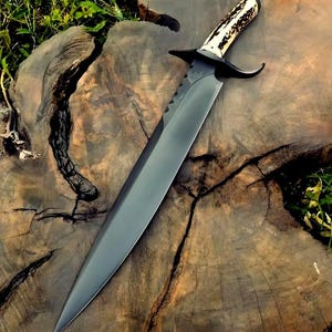 Handsmidd Bowie-kniv i 5160 fjäderstål med läderslida | 15" jakt- och campingkniv