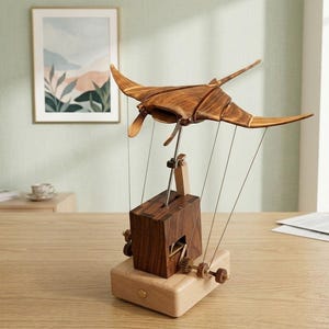 May include: A handcrafted wooden manta ray automaton, featuring a dark brown finish. The ray is suspended by wires above a wooden box with gears and a crank. The base is light-coloured wood. The background includes a framed painting and a light green wall.