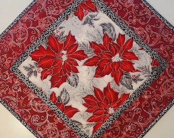 Poinsettia Quilted Table Topper, 16x16 in, Christmas, Winter, Wall Art, Robert Kaufman fabric, red and silver metallic, Picket Fence Fabric