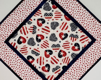 Patriotic Table Topper, Wall Hanging, Mug Rug, Snack Mat,  4th of July, Veterans Day or Year Round, quilted, handmade, Picket Fence Fabric