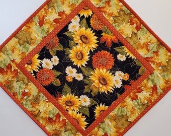 Fall Quilted Table Topper, Thanksgiving, 16.5 x 16.5, Chrysanthemums, Sunflowers, Leaves, handmade, quilted, Picket Fence Fabric