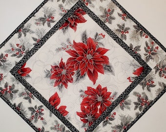 Christmas Quilted Table Topper, Elegant, Poinsettia, handmade, silver metallic, fabric Holiday Flourish 12, Picket Fence Fabric