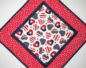 Patriotic Table Topper, Wall Hanging, Mug Rug, Snack Mat,  4th of July, Veterans Day or Year Round, quilted, handmade, Picket Fence Fabric