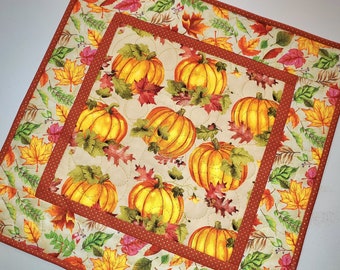 Fall Quilted Table Topper, Pumpkins, Thanksgiving, 17x17, Reversible, Leaves, handmade, quilted, Picket Fence Fabric