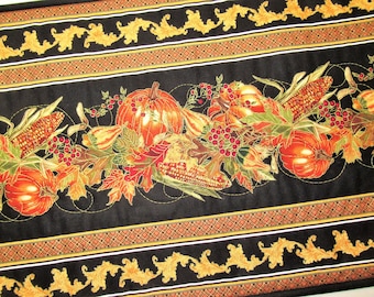 Fall Table Runner,  51x14, pumpkins, corn, gourds, quilted, handmade, Leaves, Picket Fence Fabric