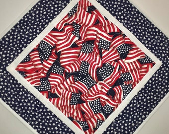 Patriotic Table Topper, July 4th, Flags, Independence Day, Stars and Stripe, handmade, quilted, Veterans, American Flag, Picket Fence Fabric
