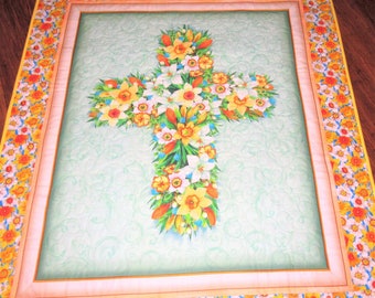 Cross Wall Hanging, Table Topper, Easter, 38.5x44, Spring, Christian, quilted, handmade, focus fabric Free Spirit, Picket Fence Fabric