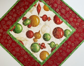 Christmas Quilted Table Topper, Ornaments, 16x16, Reversible, focus fabric Benartex, handmade, Picket Fence Fabric