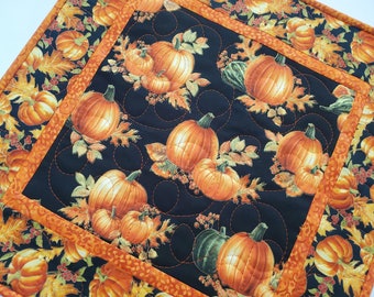 Fall Quilted Table Topper, Thanksgiving, 17.5x17.5, Pumpkins, Leaves, handmade, quilted, Halloween,  Picket Fence Fabric