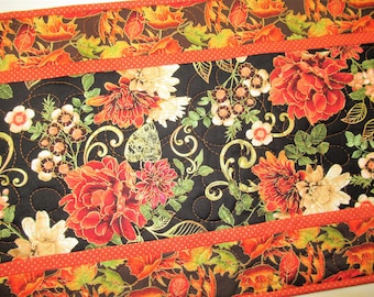 Fall Quilted Table Runner, Florals, Leaves, 48x14,  Thanksgiving, Chrysanthemums, handmade, fabric Kanvas, Picket Fence Fabric