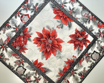 Christmas Quilted Table Topper, Elegant, Poinsettia, handmade, silver metallic, fabric Holiday Flourish 12, Picket Fence Fabric