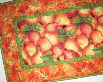 Pear Table Runner, Fall, Autumn, Leaves, metallic,  quilted, handmade, focus fabric Benartex, Picket Fence Fabric