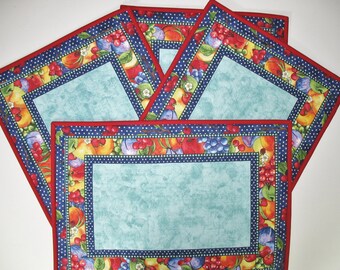 Fruit Place Mats Reversible Set of 4, handmade,  quilted, 13x18, fabric from South Sea Imports Summer Preserves line, Picket Fence Fabric