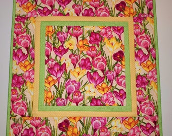 Spring Quilted Table Topper, Crocus Pink and Green, Summer Topper, 17 x 17, Botanical Line from Henry Glass, Picket Fence Fabric
