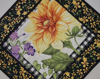 Floral Quilted Table Topper,  17x17, Spring, Summer, handmade, quilted, fabric Wilmington Prints, Picket Fence Fabric