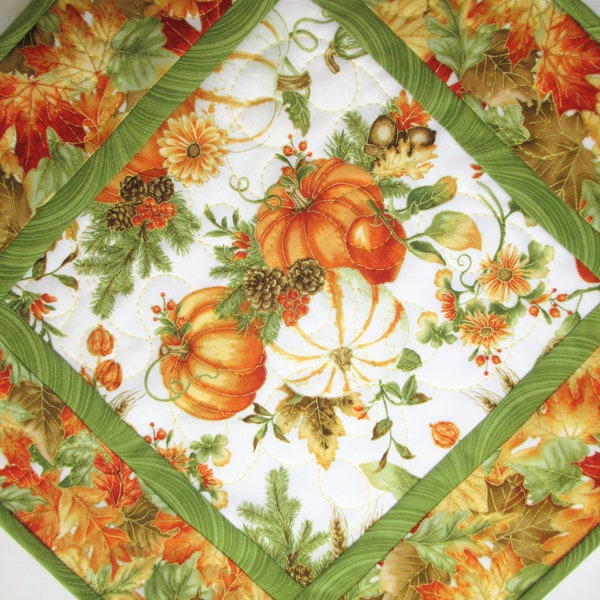 Fall Quilted Table Topper, Thanksgiving, 15.25 x 15.25, Pumpkins, Apples, Leaves, handmade, quilted, Halloween,  Picket Fence Fabric