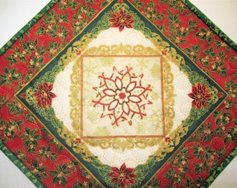 Snowflake Quilted Table Topper, 15x15 in, Christmas, Winter, Wall Art, Robert Kaufman fabric, red and silver metallic, Picket Fence Fabric