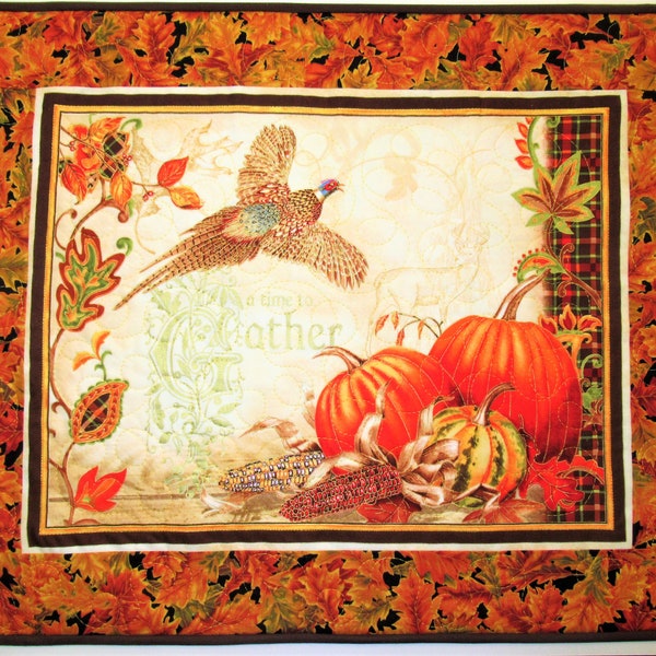 Autumn Quilted Wall Hanging or Table Runner, pumpkins, pheasants, leaves, handmade, wall art, focus fabric Red Rooster, Picket Fence Fabric