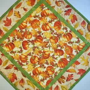 Fall Quilted Table Topper, Pumpkins, Thanksgiving, 17 x 17, Reversible, Leaves, handmade, candle mat, quilted, Picket Fence Fabric