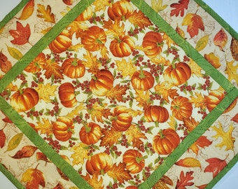 Fall Quilted Table Topper, Pumpkins, Thanksgiving, 17 x 17, Reversible, Leaves, handmade, candle mat, quilted, Picket Fence Fabric