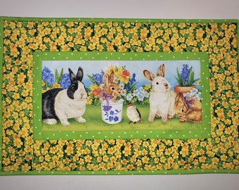 Bunny Table Topper, Easter, Place mat, Wall Hanging, Floral, Children, Summer, handmade, quilted, fabric Wilmington, Picket Fence Fabric