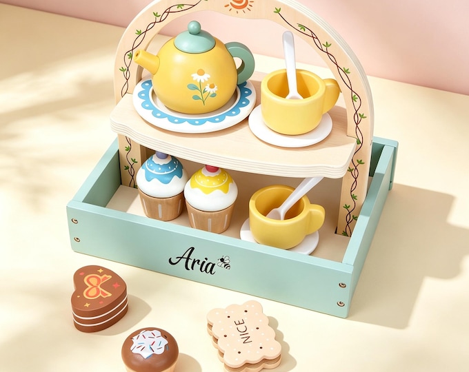Personalized Wooden Tea Set: Montessori Pretend Play Toy, Custom Engraved,Christmas gifts,Halloween party Gifts