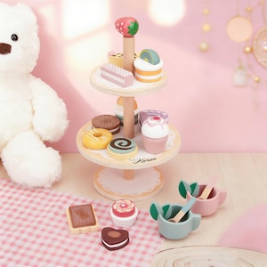 Juego de té de madera personalizado: juego de simulación Montessori, soporte para postres de 3 niveles, regalos de Navidad y Halloween.