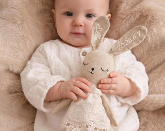 Personalized Linen Bunny Doll with Name & Year, Custom Baby Keepsake Gift, Newborn Girl Bunny Plush, Baptism and First Birthday Present