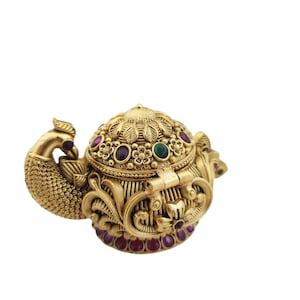 Indian wedding Gift Peacock Style Gold Plated Brass Sindoor Dabbi, Brass Kumkum Box, wedding Return Gift Kumkum Box