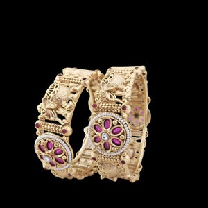 2 Piece Indian Temple Bangle | Gold Plated Elephant Style Bangles | Party wear Bangles | Elephant Design Lightweight Kadas | Wedding Bangles