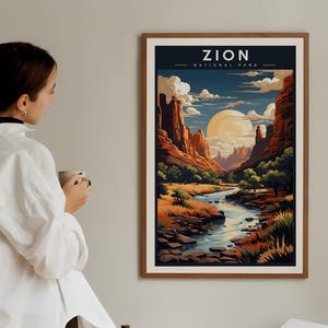 Zion National Park Poster - Canyon and River Landscape Art Print, Scenic Desert View, Utah Travel Decor, National Park Wall Art