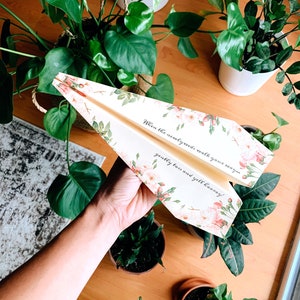 May include: A paper airplane decorated with floral patterns and the text "When the newlyweds walk your way... gently toss and yell hooray!". The airplane is held over a wooden surface surrounded by potted plants.