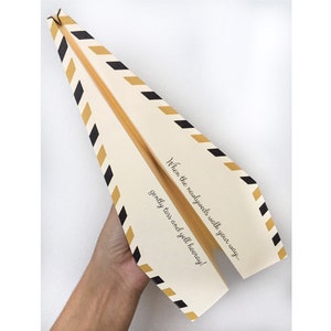 May include: A paper airplane with black and gold stripes. The airplane has the text "When the real world walks your way... gently toss and yell hooray!" printed on it.