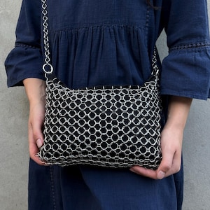 Trending now chainmail bag in stainless steel | Metal shoulder purse | Handmade crossbody bag with black denim lining and zipper closure
