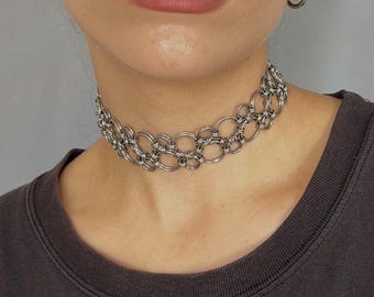 Ras de cou en cotte de mailles en acier inoxydable : gros collier de style gothique et punk