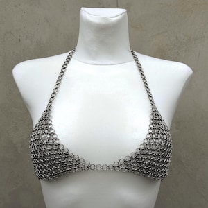 Chainmail bikini top in stainless steel MAXI | Handmade metal halter bra | Festival outfit in castle core | Silver chain bralette