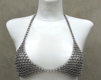 Sujetador de malla metálica: Top de bikini para festivales, conjunto de lencería de malla metálica en acero inoxidable.