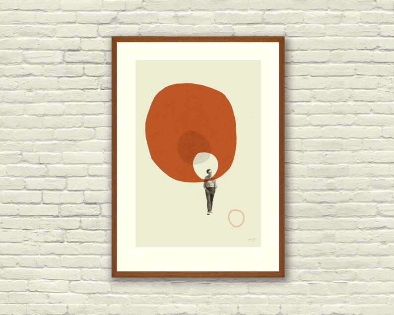 retro Her Inspired Poster 12 x 18 Mid Century Modern shapes cut paper collage LOVE in THE ABSTRACT vintage red orange salmon