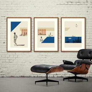 Mid Century Modern, Eichler - Andrew McMahon in the Wilderness, Lithograph Triptych Poster Set, California, swimming pool, cobalt