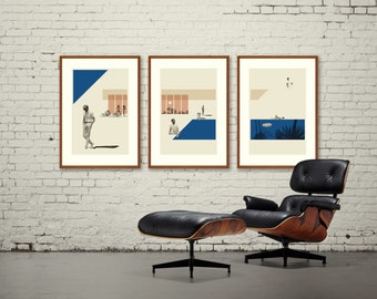 Mid Century Modern, Eichler - Andrew McMahon in the Wilderness, Lithograph Triptych Poster Set, California, swimming pool, cobalt