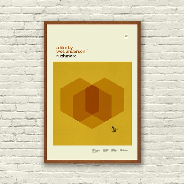 RUSHMORE Inspired Poster, Art Print Movie Poster - Minimalist, Graphic, Bee, Hexagon, Hollywood Regency, Vintage Style, Retro Home