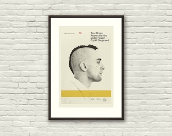 TAXI DRIVER Inspired Poster, Art Print - Minimalist, Helvetica, Mid-Century Modern, Yellow, Swiss, New York, Skyline, De Niro