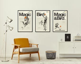 MAGIC Johnson & Larry BIRD geïnspireerde posterserie, kunstafdruk - minimalistisch, Helvetica, midden van de eeuw modern, zwart-wit, kantoor
