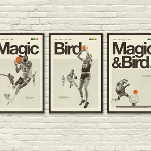 MAGIC Johnson & Larry BIRD Inspired Poster Series, Art Print - Minimalista, Helvética, Moderno de mediados de siglo, Blanco y negro, Oficina