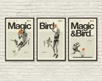 MAGIC Johnson & Larry BIRD Inspired Poster Series, Art Print - 12 x 18 Minimalist, Helvetica, Mid-Century Modern, Black and White, Office